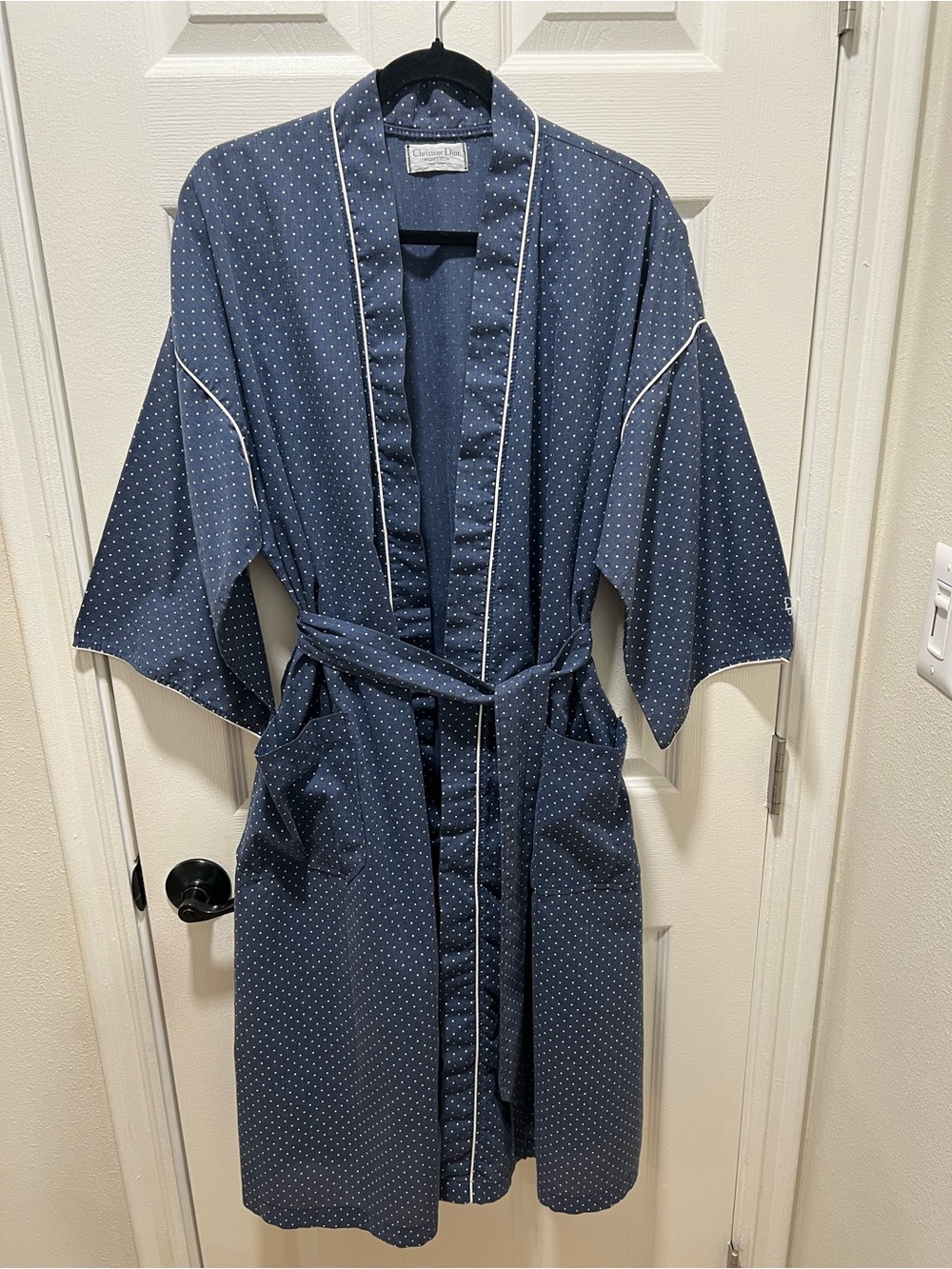 Vintage Christian Dior Monsieur Polka Dot Robe One Size Fits All Navy Blue 80s